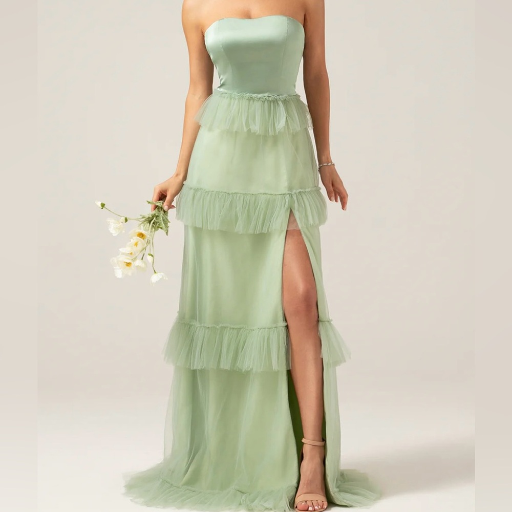 Matcha A-Line Tiered Strapless Tiered Long Bridesmaid Dress With Slit